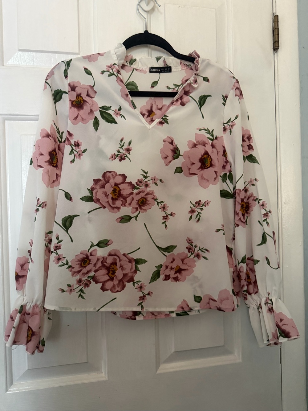 SHEIN Women’s Small White Pink Floral Blouse Ruffle Bell Sleeve Top